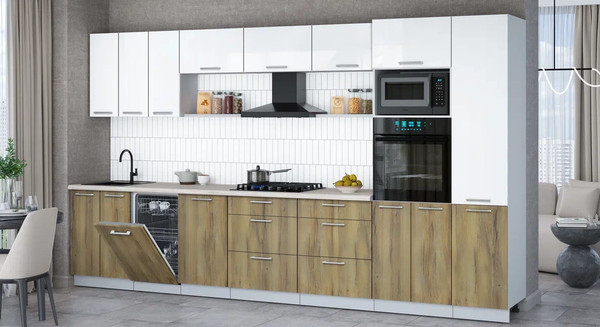 Изображение товара Кухонный гарнитур Интерлиния Мила Gloss 3.7-ПМ3 (дуб вотан/белый глянец/травертин серый)