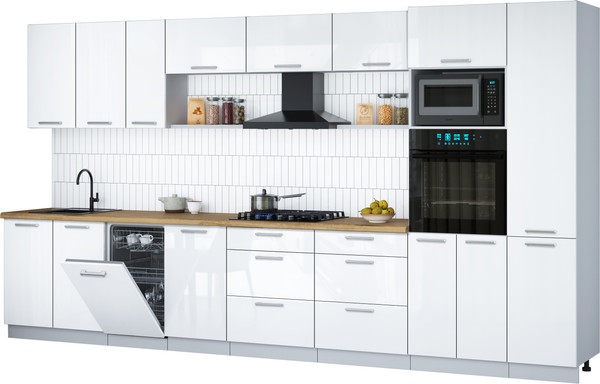 Изображение товара Кухонный гарнитур Интерлиния Мила Gloss 3.9-ПМ3 (белый глянец/белый глянец/дуб бунратти)