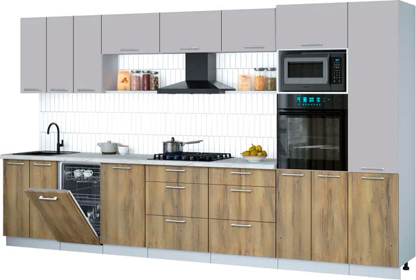 Изображение товара Кухонный гарнитур Интерлиния Мила Gloss 3.7-ПМ3 (дуб вотан/грей/серый каспий)