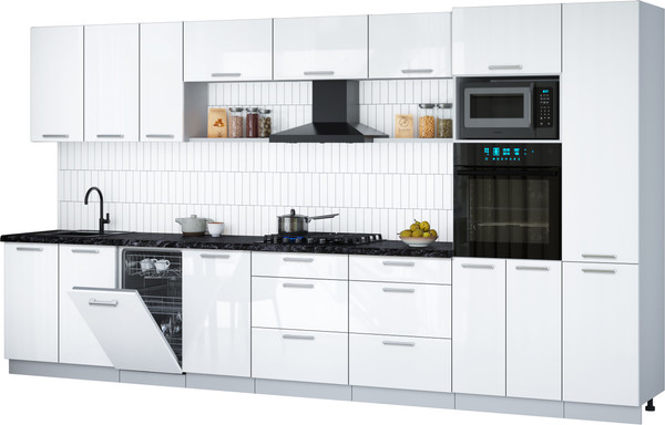 Изображение товара Кухонный гарнитур Интерлиния Мила Gloss 3.9-ПМ3 (белый глянец/белый глянец/кастилло темный)