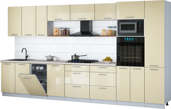 Изображение товара Кухонный гарнитур Интерлиния Мила Gloss 3.9-ПМ3 (ваниль глянец/ваниль глянец/травертин серый)