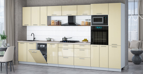 Изображение товара Кухонный гарнитур Интерлиния Мила Gloss 3.9-ПМ3 (ваниль глянец/ваниль глянец/травертин серый)