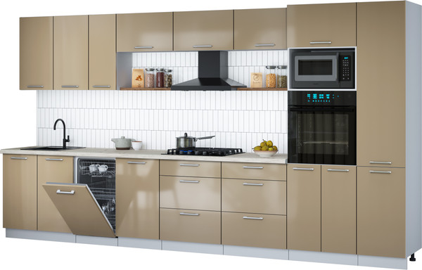 Изображение товара Кухонный гарнитур Интерлиния Мила Gloss 3.9-ПМ3 (капучино глянец/капучино глянец/бискайская сосна)