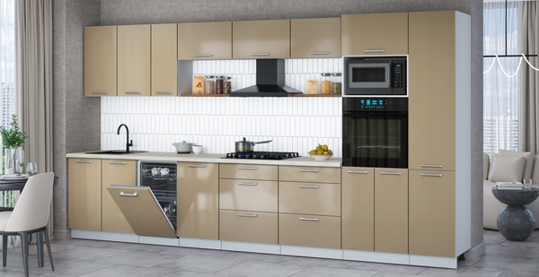 Изображение товара Кухонный гарнитур Интерлиния Мила Gloss 3.9-ПМ3 (капучино глянец/капучино глянец/бискайская сосна)