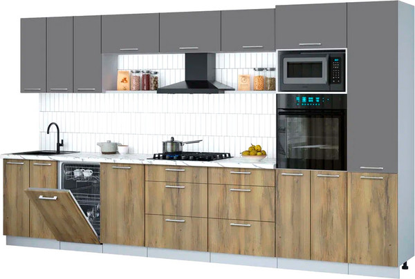 Изображение товара Кухонный гарнитур Интерлиния Мила Gloss 3.7-ПМ3 (дуб вотан/серый/белый гранит)