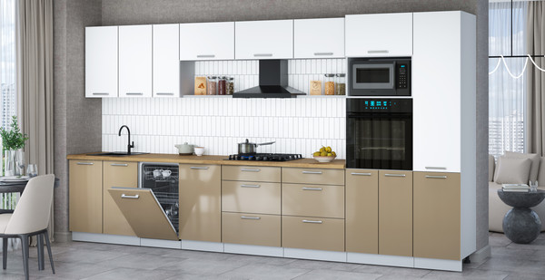 Изображение товара Кухонный гарнитур Интерлиния Мила Gloss 3.9-ПМ3 (капучино глянец/белый/дуб бунратти)