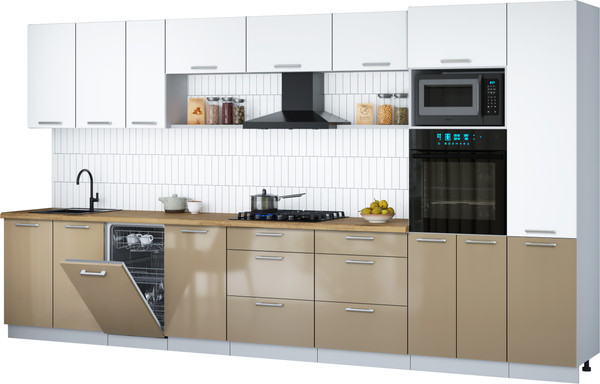 Изображение товара Кухонный гарнитур Интерлиния Мила Gloss 3.9-ПМ3 (капучино глянец/белый/дуб бунратти)