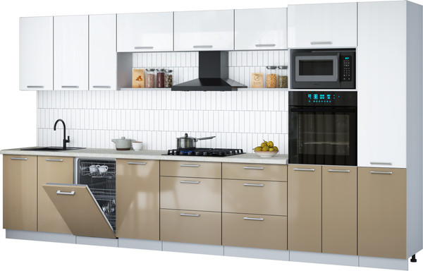 Изображение товара Кухонный гарнитур Интерлиния Мила Gloss 3.9-ПМ3 (капучино глянец/белый глянец/опал светлый)