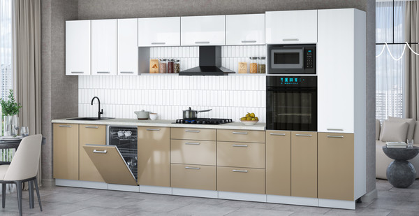 Изображение товара Кухонный гарнитур Интерлиния Мила Gloss 3.9-ПМ3 (капучино глянец/белый глянец/опал светлый)