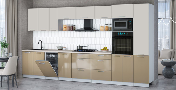 Изображение товара Кухонный гарнитур Интерлиния Мила Gloss 3.9-ПМ3 (капучино глянец/кашемир/травертин серый)