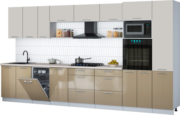 Изображение товара Кухонный гарнитур Интерлиния Мила Gloss 3.9-ПМ3 (капучино глянец/кашемир/травертин серый)