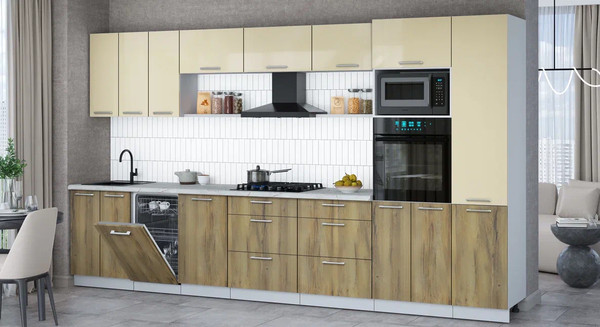 Изображение товара Кухонный гарнитур Интерлиния Мила Gloss 3.7-ПМ3 (дуб вотан/ваниль глянец/серый каспий)