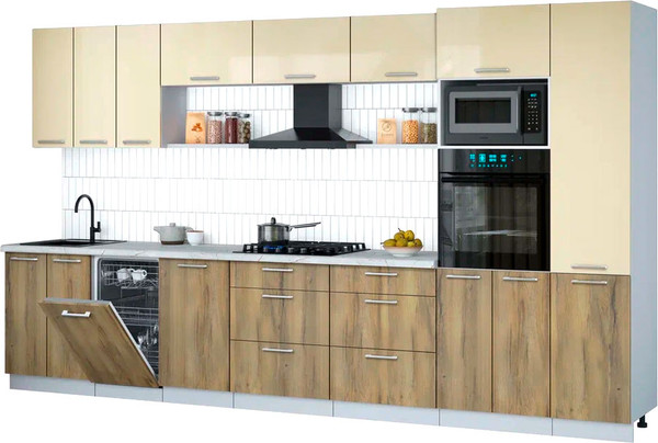 Изображение товара Кухонный гарнитур Интерлиния Мила Gloss 3.7-ПМ3 (дуб вотан/ваниль глянец/серый каспий)