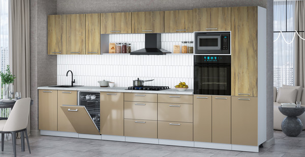 Изображение товара Кухонный гарнитур Интерлиния Мила Gloss 3.9-ПМ3 (капучино глянец/дуб вотан/серый каспий)