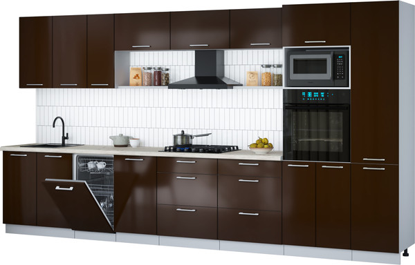 Изображение товара Кухонный гарнитур Интерлиния Мила Gloss 3.9-ПМ3 (шоколад глянец/шоколад глянец/бискайская сосна)