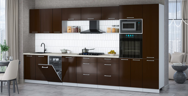 Изображение товара Кухонный гарнитур Интерлиния Мила Gloss 3.9-ПМ3 (шоколад глянец/шоколад глянец/бискайская сосна)