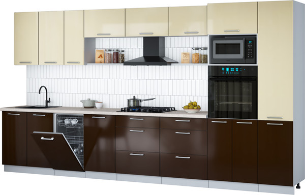 Изображение товара Кухонный гарнитур Интерлиния Мила Gloss 3.9-ПМ3 (шоколад глянец/ваниль глянец/травертин серый)