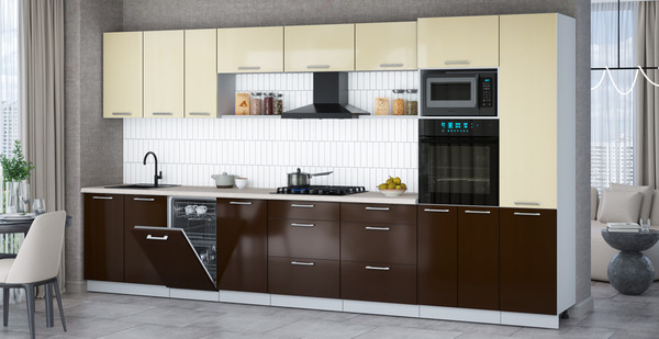 Изображение товара Кухонный гарнитур Интерлиния Мила Gloss 3.9-ПМ3 (шоколад глянец/ваниль глянец/травертин серый)