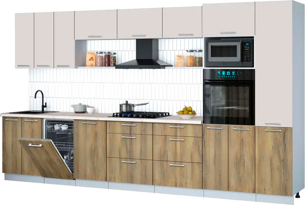 Изображение товара Кухонный гарнитур Интерлиния Мила Gloss 3.7-ПМ3 (дуб вотан/кашемир/бискайская сосна)