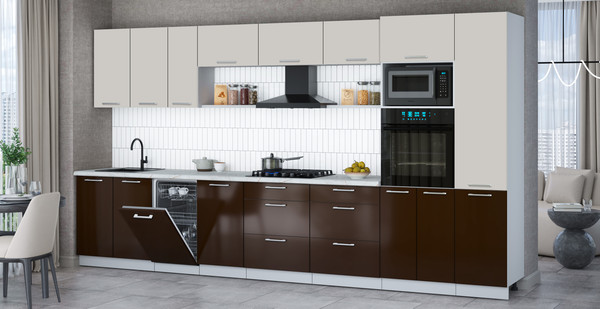 Изображение товара Кухонный гарнитур Интерлиния Мила Gloss 3.9-ПМ3 (шоколад глянец/кашемир/серый каспий)