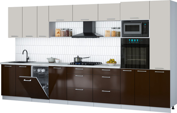Изображение товара Кухонный гарнитур Интерлиния Мила Gloss 3.9-ПМ3 (шоколад глянец/кашемир/серый каспий)