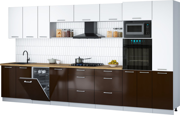 Изображение товара Кухонный гарнитур Интерлиния Мила Gloss 3.9-ПМ3 (шоколад глянец/белый/дуб бунратти)