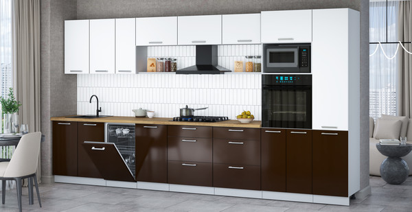 Изображение товара Кухонный гарнитур Интерлиния Мила Gloss 3.9-ПМ3 (шоколад глянец/белый/дуб бунратти)