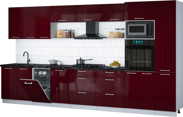 Изображение товара Кухонный гарнитур Интерлиния Мила Gloss 3.9-ПМ3 (бордовый глянец/бордовый глянец/кастилло темный)