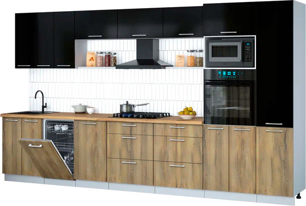Изображение товара Кухонный гарнитур Интерлиния Мила Gloss 3.7-ПМ3 (дуб вотан/черный глянец/дуб бунратти)