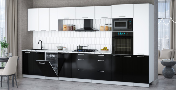 Изображение товара Кухонный гарнитур Интерлиния Мила Gloss 3.9-ПМ3 (черный глянец/белый/белый гранит)