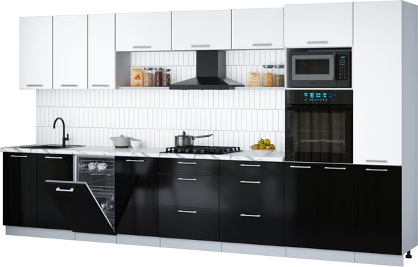 Изображение товара Кухонный гарнитур Интерлиния Мила Gloss 3.9-ПМ3 (черный глянец/белый/белый гранит)