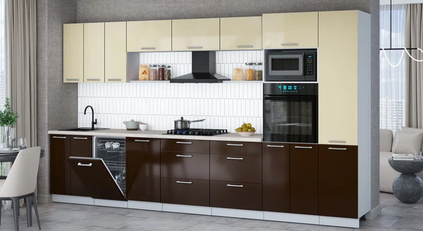 Изображение товара Кухонный гарнитур Интерлиния Мила Gloss 3.7-ПМ3 (шоколад глянец/ваниль глянец/травертин серый)