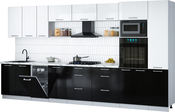 Изображение товара Кухонный гарнитур Интерлиния Мила Gloss 3.9-ПМ3 (черный глянец/белый глянец/белый гранит)