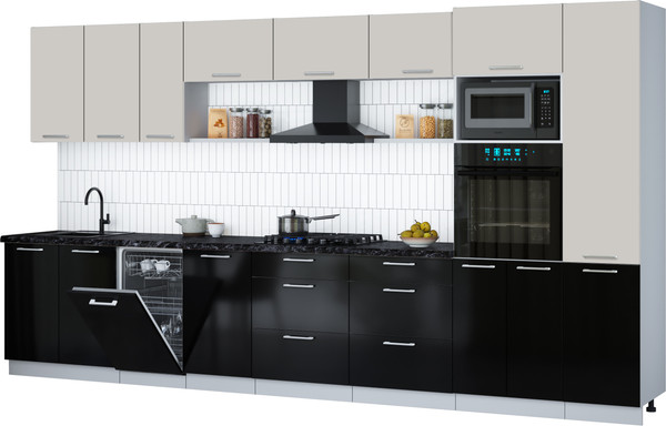 Изображение товара Кухонный гарнитур Интерлиния Мила Gloss 3.9-ПМ3 (черный глянец/кашемир/кастилло темный)
