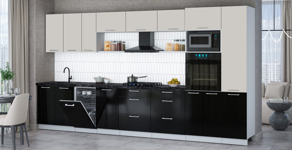 Изображение товара Кухонный гарнитур Интерлиния Мила Gloss 3.9-ПМ3 (черный глянец/кашемир/кастилло темный)
