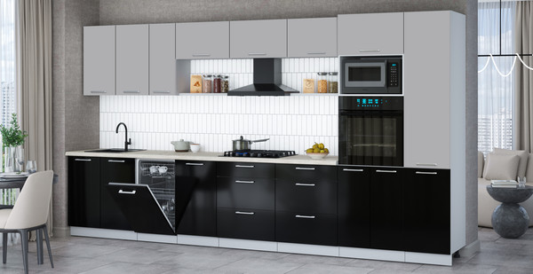 Изображение товара Кухонный гарнитур Интерлиния Мила Gloss 3.9-ПМ3 (черный глянец/грей/бискайская сосна)