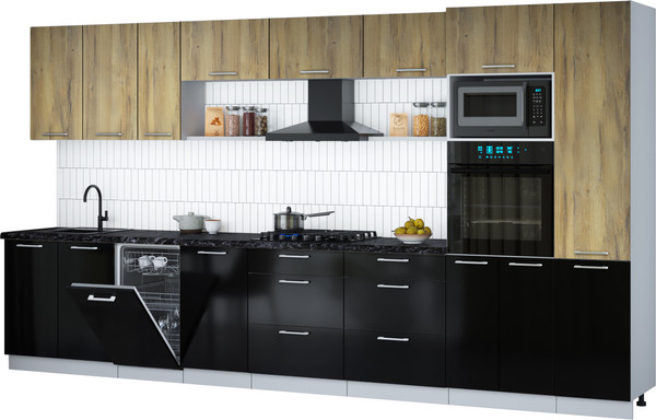 Изображение товара Кухонный гарнитур Интерлиния Мила Gloss 3.9-ПМ3 (черный глянец/дуб вотан/кастилло темный)
