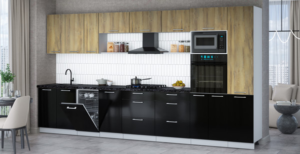 Изображение товара Кухонный гарнитур Интерлиния Мила Gloss 3.9-ПМ3 (черный глянец/дуб вотан/кастилло темный)