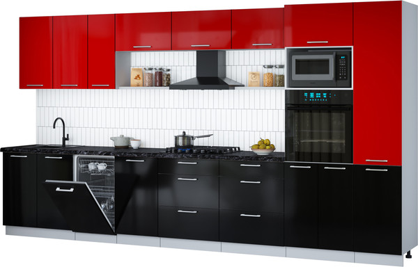 Изображение товара Кухонный гарнитур Интерлиния Мила Gloss 3.9-ПМ3 (черный глянец/красный глянец/кастилло темный)