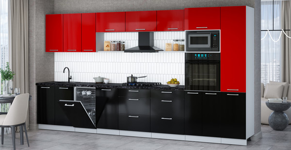 Изображение товара Кухонный гарнитур Интерлиния Мила Gloss 3.9-ПМ3 (черный глянец/красный глянец/кастилло темный)