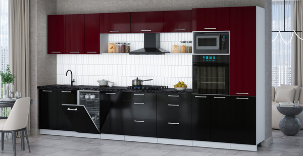 Изображение товара Кухонный гарнитур Интерлиния Мила Gloss 3.9-ПМ3 (черный глянец/бордовый глянец/кастилло темный)