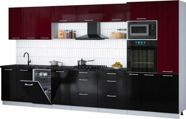 Изображение товара Кухонный гарнитур Интерлиния Мила Gloss 3.9-ПМ3 (черный глянец/бордовый глянец/кастилло темный)