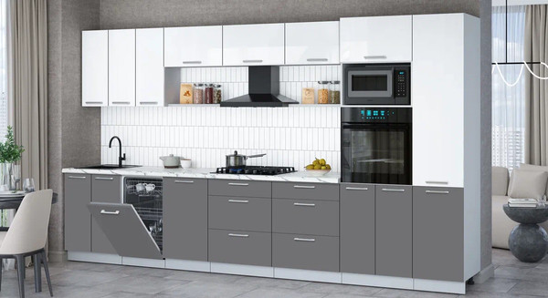 Изображение товара Кухонный гарнитур Интерлиния Мила Gloss 3.7-ПМ3 (серый/белый глянец/белый гранит)