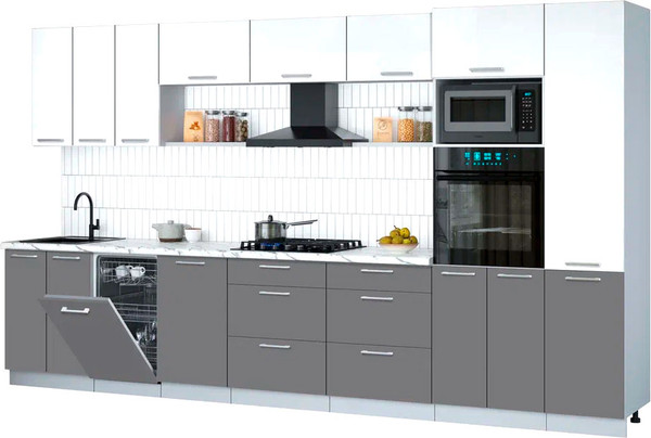 Изображение товара Кухонный гарнитур Интерлиния Мила Gloss 3.7-ПМ3 (серый/белый глянец/белый гранит)