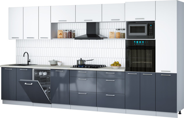 Изображение товара Кухонный гарнитур Интерлиния Мила Gloss 3.9-ПМ3 (асфальт глянец/белый/опал светлый)