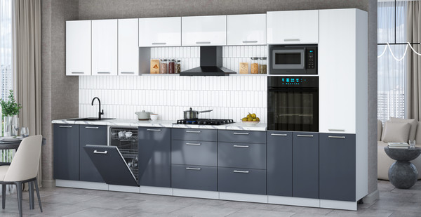 Изображение товара Кухонный гарнитур Интерлиния Мила Gloss 3.9-ПМ3 (асфальт глянец/белый глянец/белый гранит)