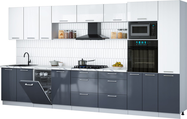 Изображение товара Кухонный гарнитур Интерлиния Мила Gloss 3.9-ПМ3 (асфальт глянец/белый глянец/белый гранит)