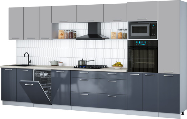 Изображение товара Кухонный гарнитур Интерлиния Мила Gloss 3.9-ПМ3 (асфальт глянец/грей/бискайская сосна)