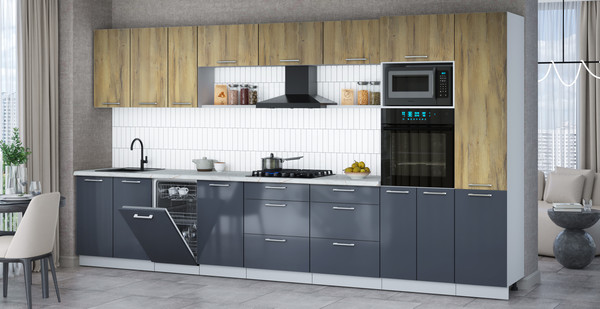 Изображение товара Кухонный гарнитур Интерлиния Мила Gloss 3.9-ПМ3 (асфальт глянец/дуб вотан/серый каспий)