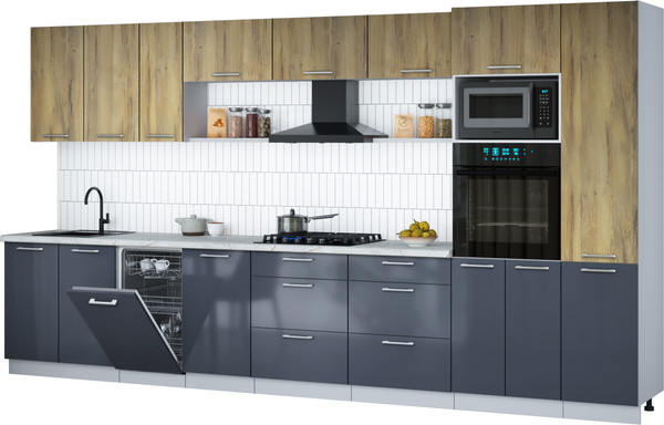 Изображение товара Кухонный гарнитур Интерлиния Мила Gloss 3.9-ПМ3 (асфальт глянец/дуб вотан/серый каспий)
